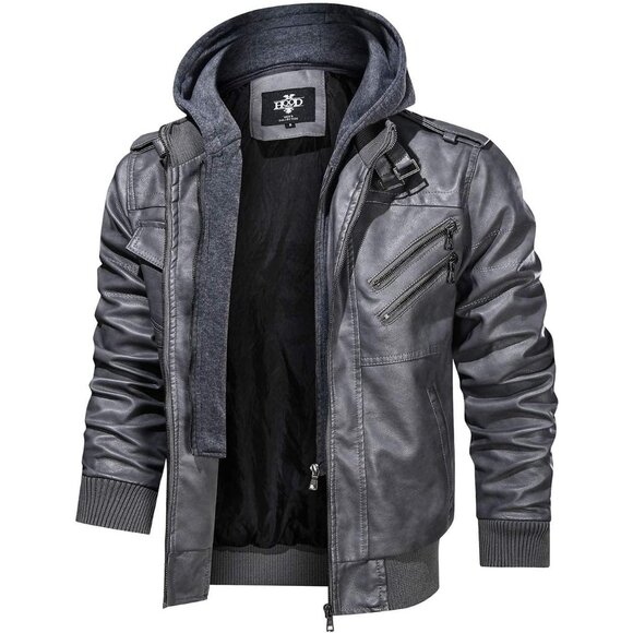 Men’s Grey Stand Collar PU Faux Leather Bomber Jacket With a Removable Hood - Picture 2 of 6